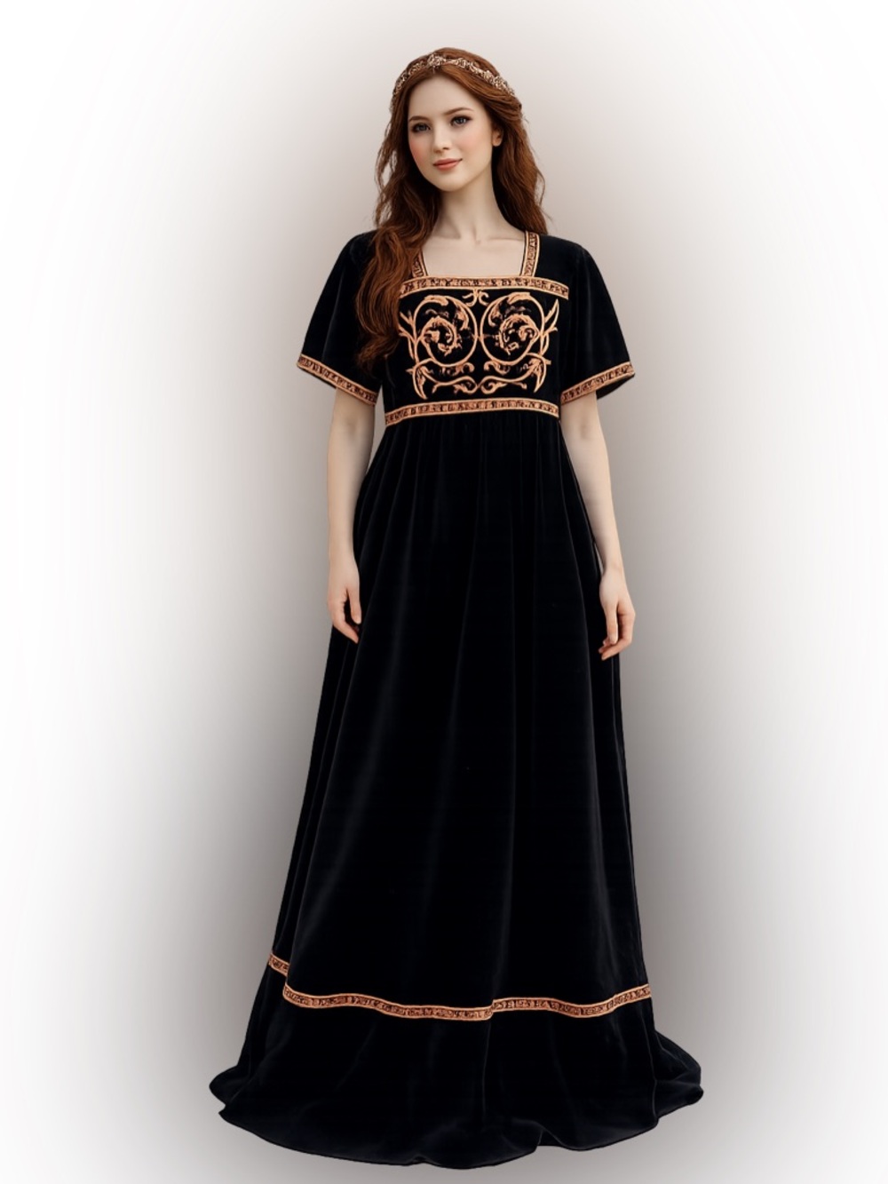Vintage black velvet embroidered short sleeve maxi dress regency renaissance S/M